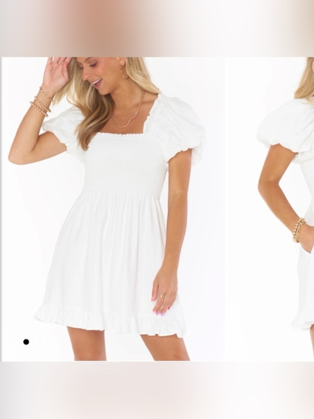 Show Me Your Mumu Colvin White Linen Puff Sleeve Smocked Mini Dress Boho Summer